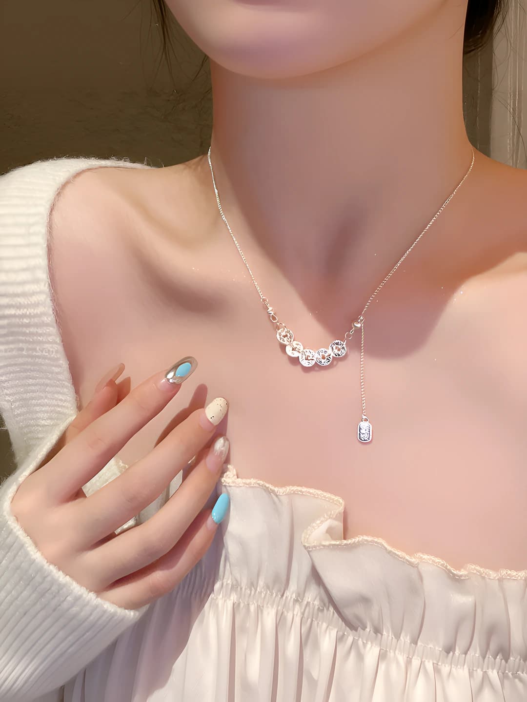 Women's autumn-winter tassel chain necklace with five emperor coins and fu charm in new Chinese style
