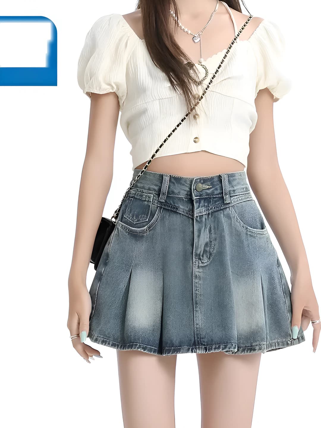 Women's summer light blue denim skirt, high waist, lined, thin, mini, pleated, stretch