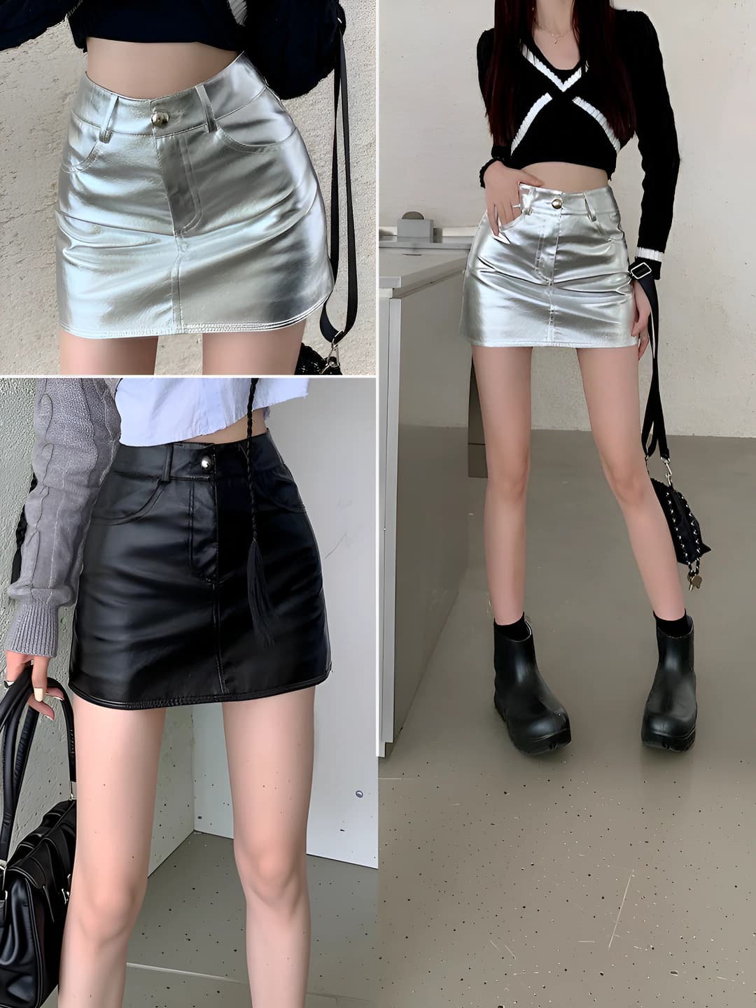Women's 2026 spring-summer pu leather mini skirt, high waist, slimming, A-line, solid colour, with zip, korean style