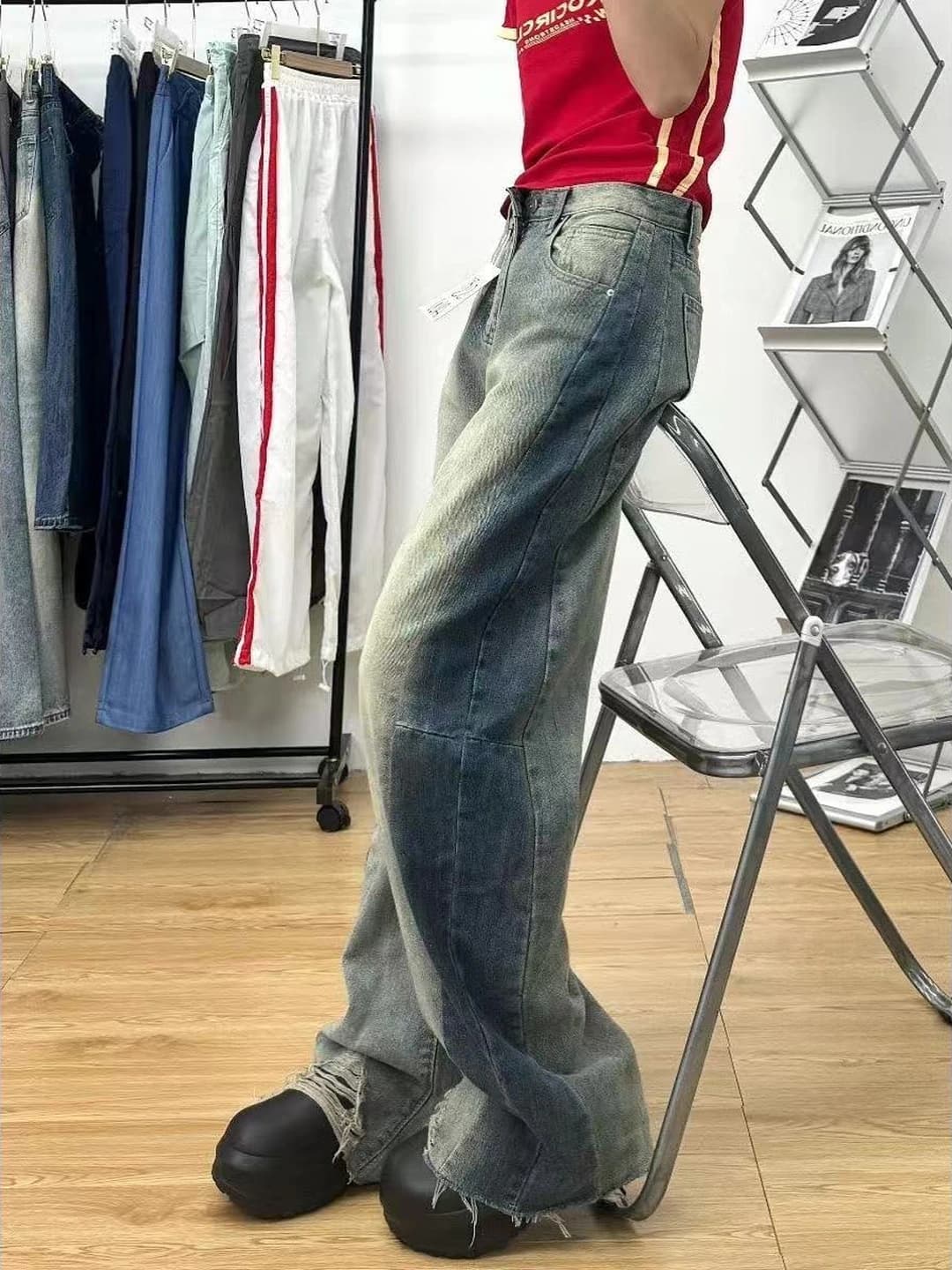 Ayollar uchun bahor-kuz retro keng va klesh jinsi shimlar, baland bel, to'g'ri kesim, katta o'lcham, keng shim