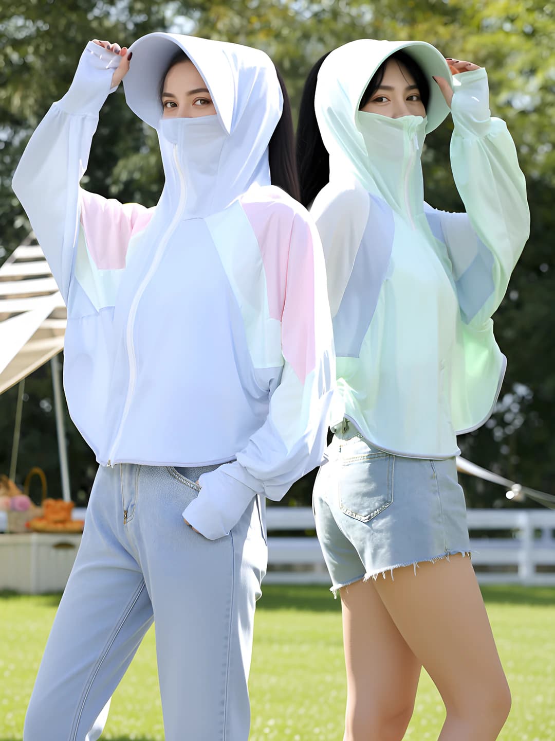 Women's 2026 summer sun-protective light jacket, ice-silk fabric, zip, long sleeve, loose fit, color-block pattern