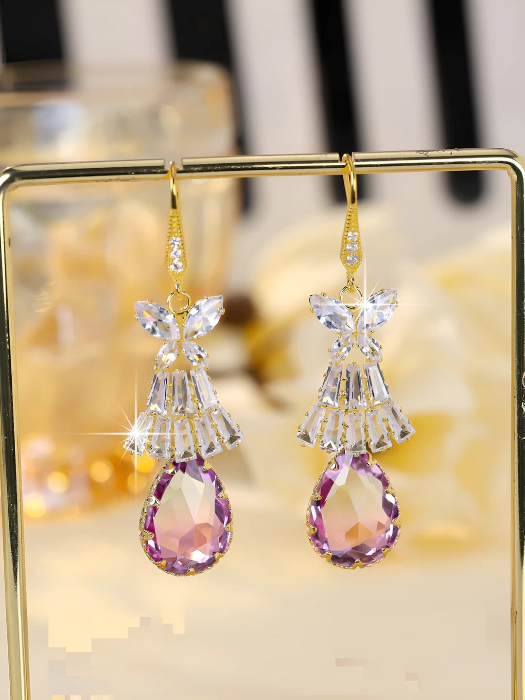Women's long purple crystal drop earrings with zircon, style: princess, design element: butterfly