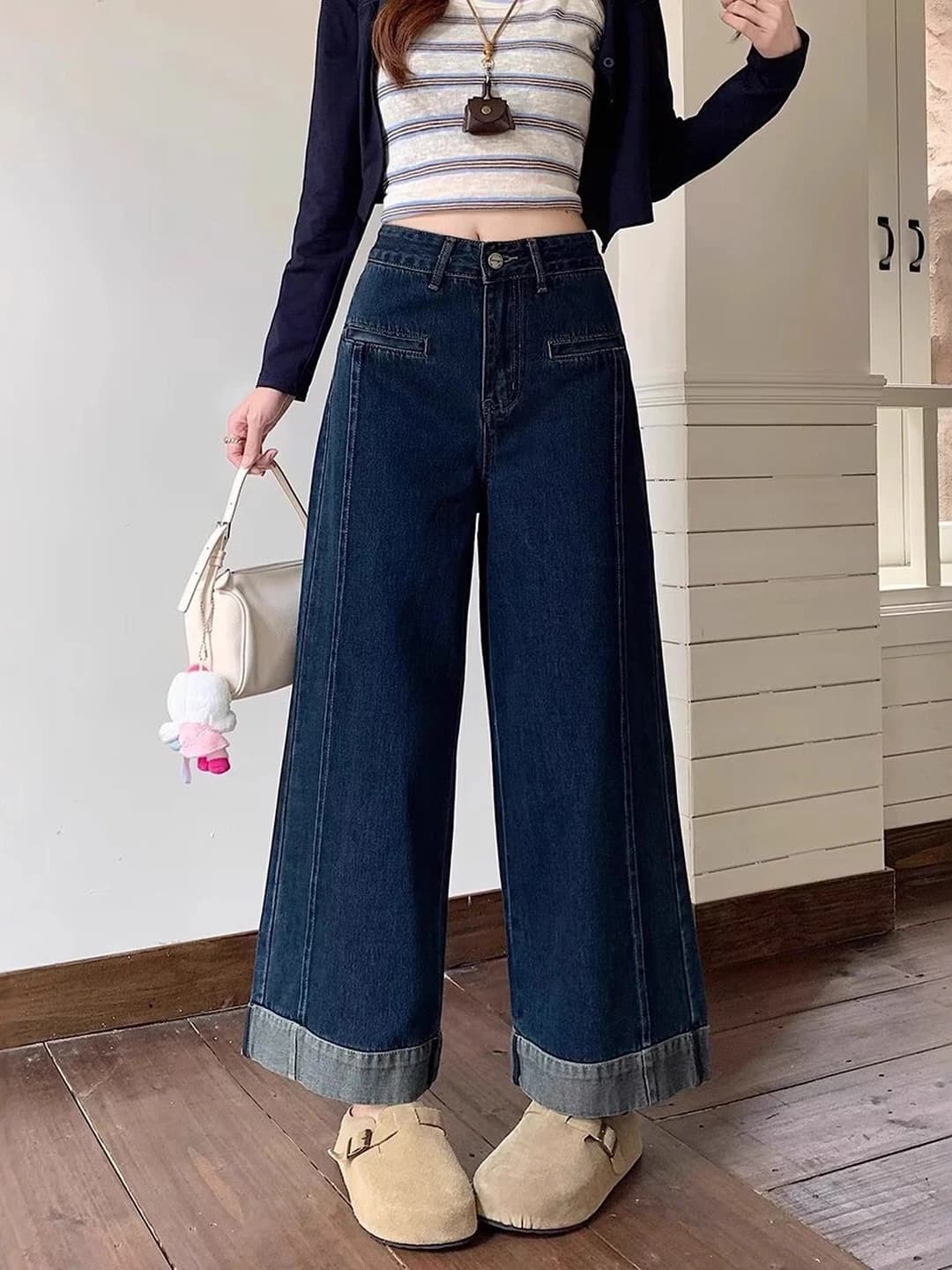 Women's retro blue wide-leg jeans, high waist, straight cut, ankle-length trousers, loose fit, slimming, plus size, petite, spring-autumn
