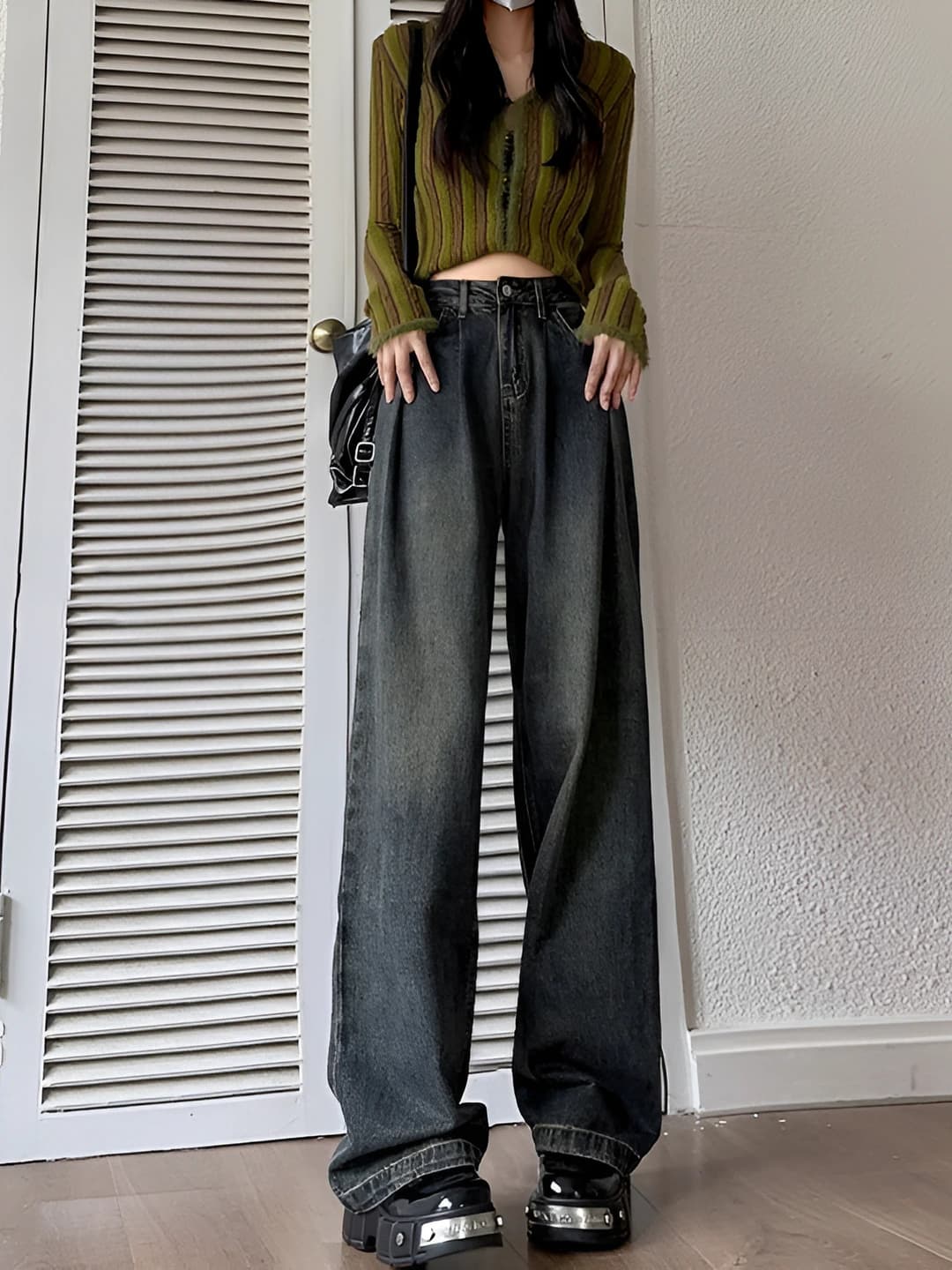 Ayollar uchun bahor-kuz cement rangli keng va klesh jinsi shimlar, baland bel, to'g'ri kesim, bo'sh (oversize), nozik ko'rsatadigan, uzun shim, retro, katta o'lcham