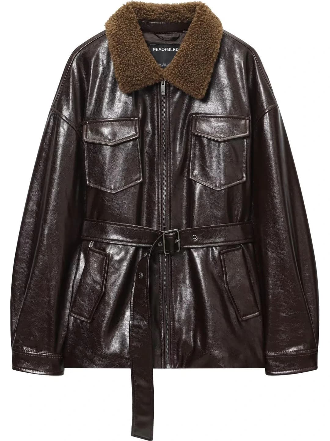 Women's PU leather biker jacket for 2026 spring-autumn, with zip, lapel collar, loose fit, cropped, long sleeve, solid colour, street style