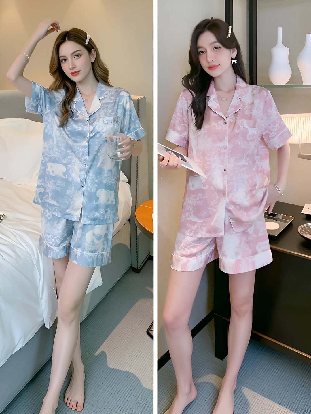 Ayollar uchun muz-ipak mato, bosma naqshli, yupqa, kalta yengli shorti, qaytarma yoqa, bo'sh (oversize) pijama to'plami