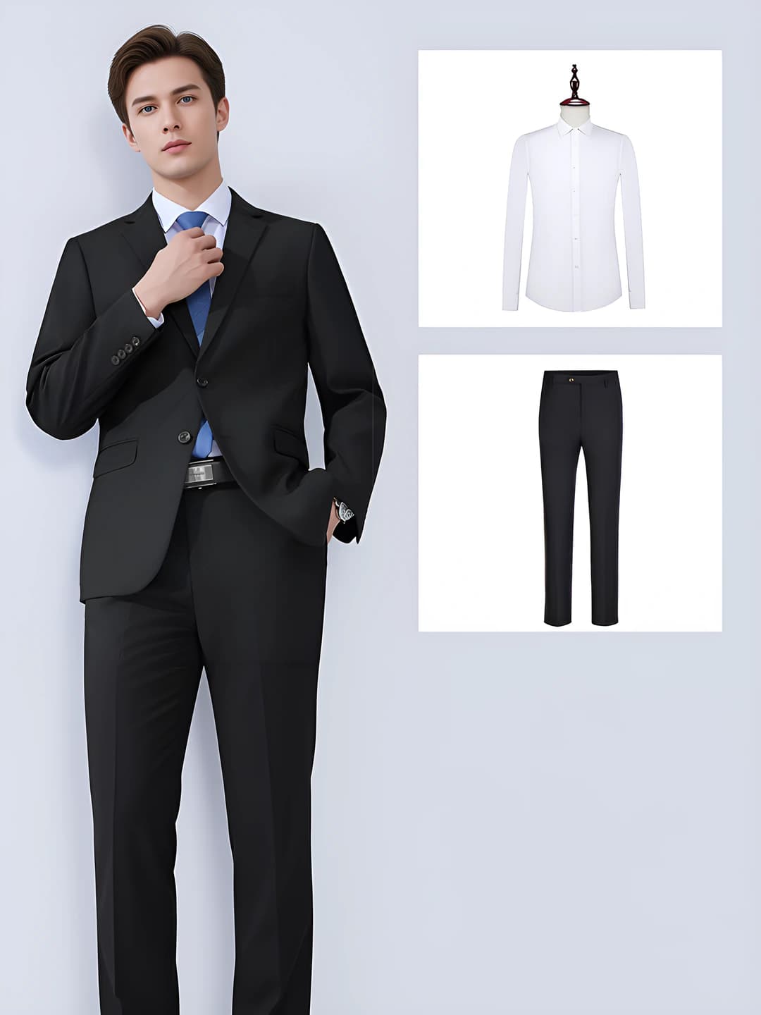Black suit + men's trousers + shirt