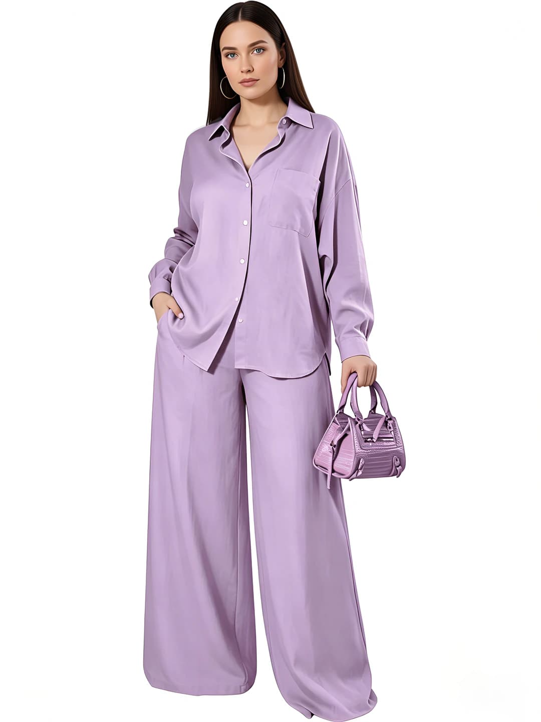 Women's plus size loose fit long sleeve blouse and trousers set, sun-protective, all-season