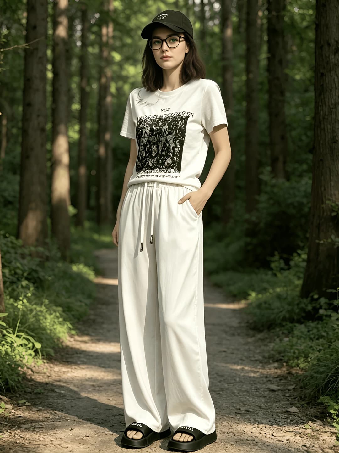Women's summer casual two-piece set with t-shirt and wide-leg trousers, loose fit, sports style