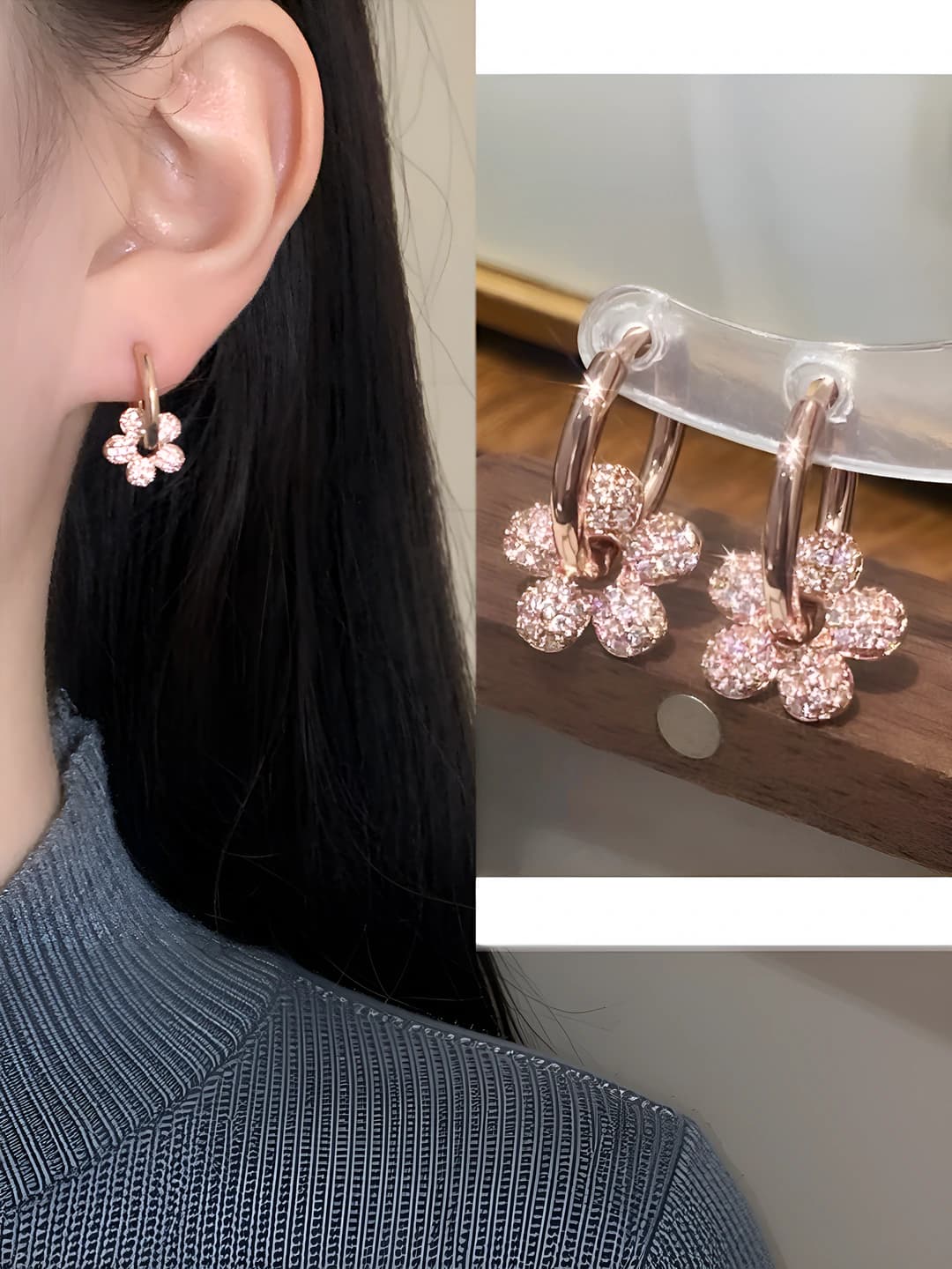 Women's flower-shaped micro-paved earrings, copper, rose gold plating, minimalist style