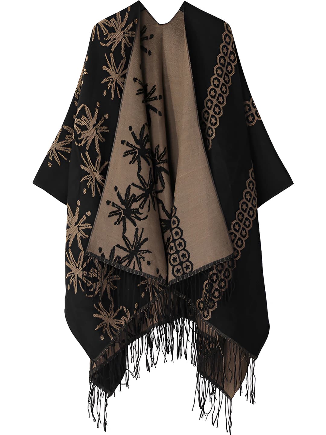 Women's warm, floral pattern, fringed, faux cashmere, slim fit poncho for autumn-winter and spring