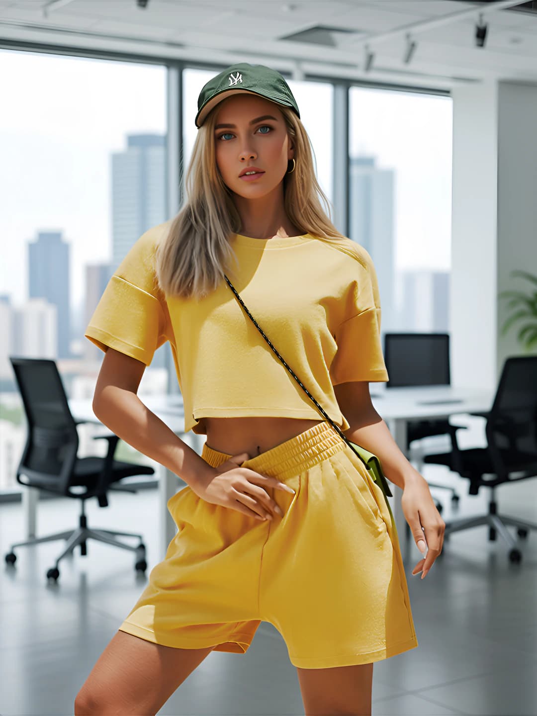 Women's 2026 spring-summer casual sports set: solid colour, slimming, loose fit crop top and knee-length shorts