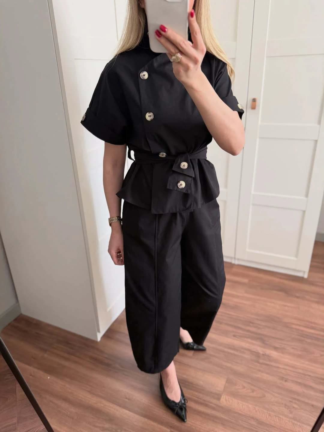 Women's spring-autumn 2026 casual set: blouse with stand collar and short sleeves, high-waist wide-leg trousers