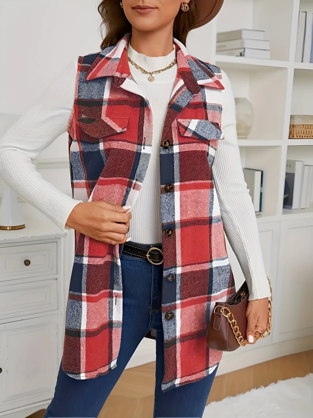 Ayollar uchun kuz-qish katak jilet, polyester, o'rta-uzun, bo'sh (oversize) kesim