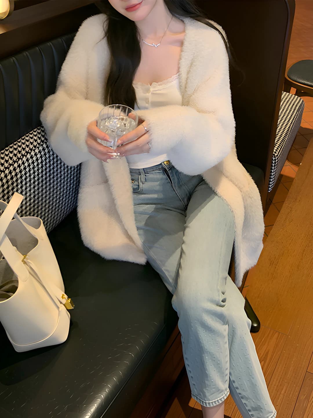 Women's Korean style faux mink knit cardigan, autumn-winter, loose fit, thickened, V-neck, long sleeve, solid colour