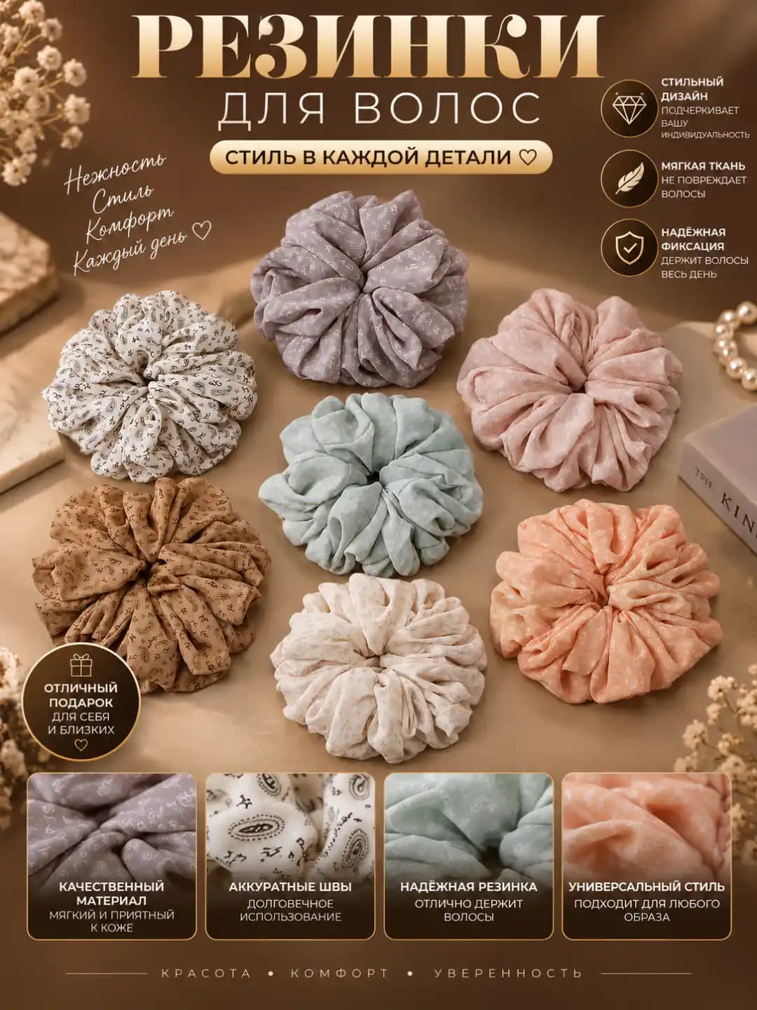 Women's printed hair scrunchie in retro and Korean style for spring-summer made of stretch satin