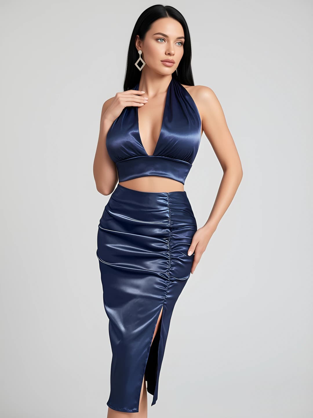 Women's casual two-piece set: sleeveless V-neck crop top and fitted midi skirt with zip, ties, open back and side slit
