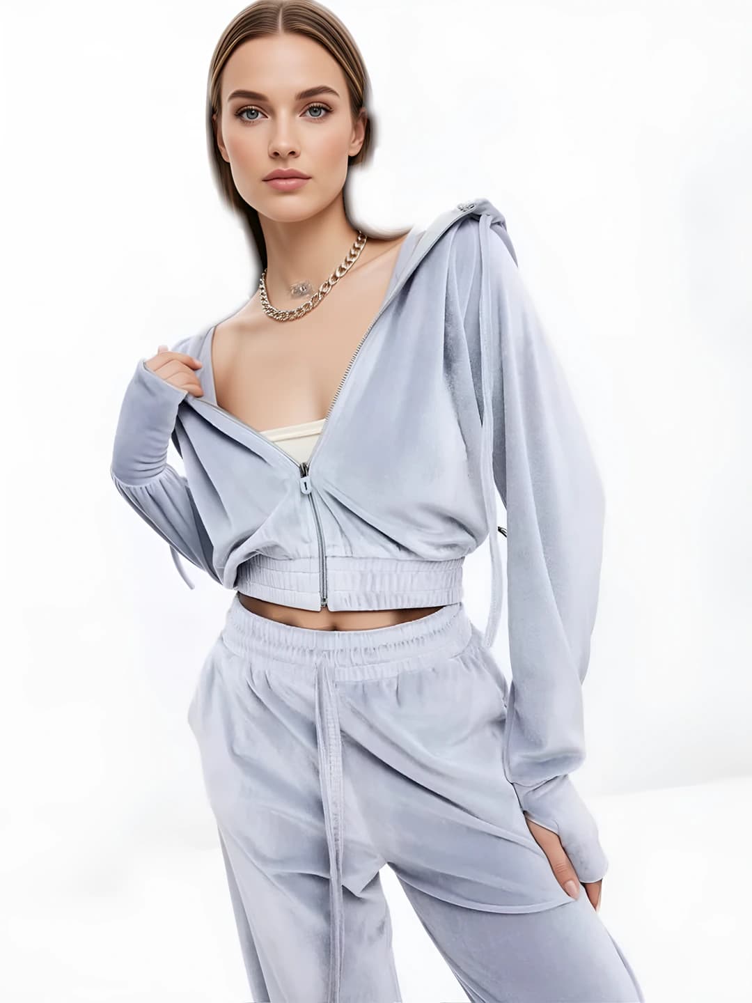 Women's casual tracksuit: long sleeve hooded cardigan and trousers set, solid colour, 95% polyester