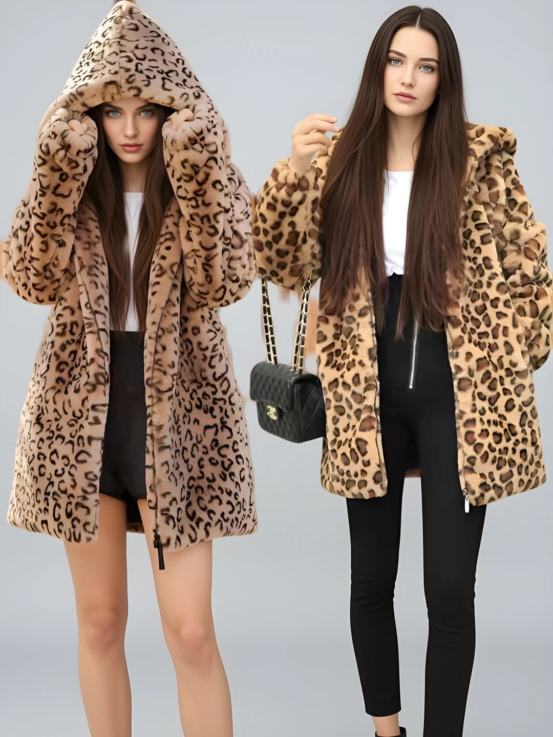 Women's faux fur leopard-print hooded coat, mid-length, loose fit, thickened, autumn-winter