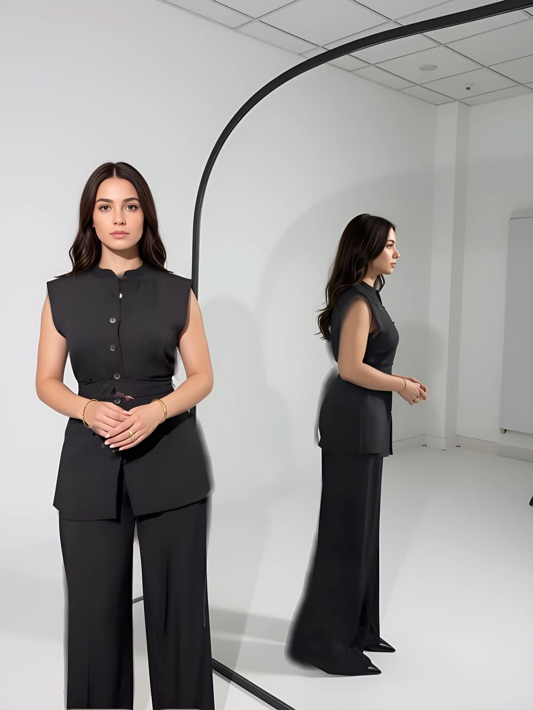 Women's two-piece set with sleeveless tank top and wide-leg trousers, solid colour, plus size, casual style