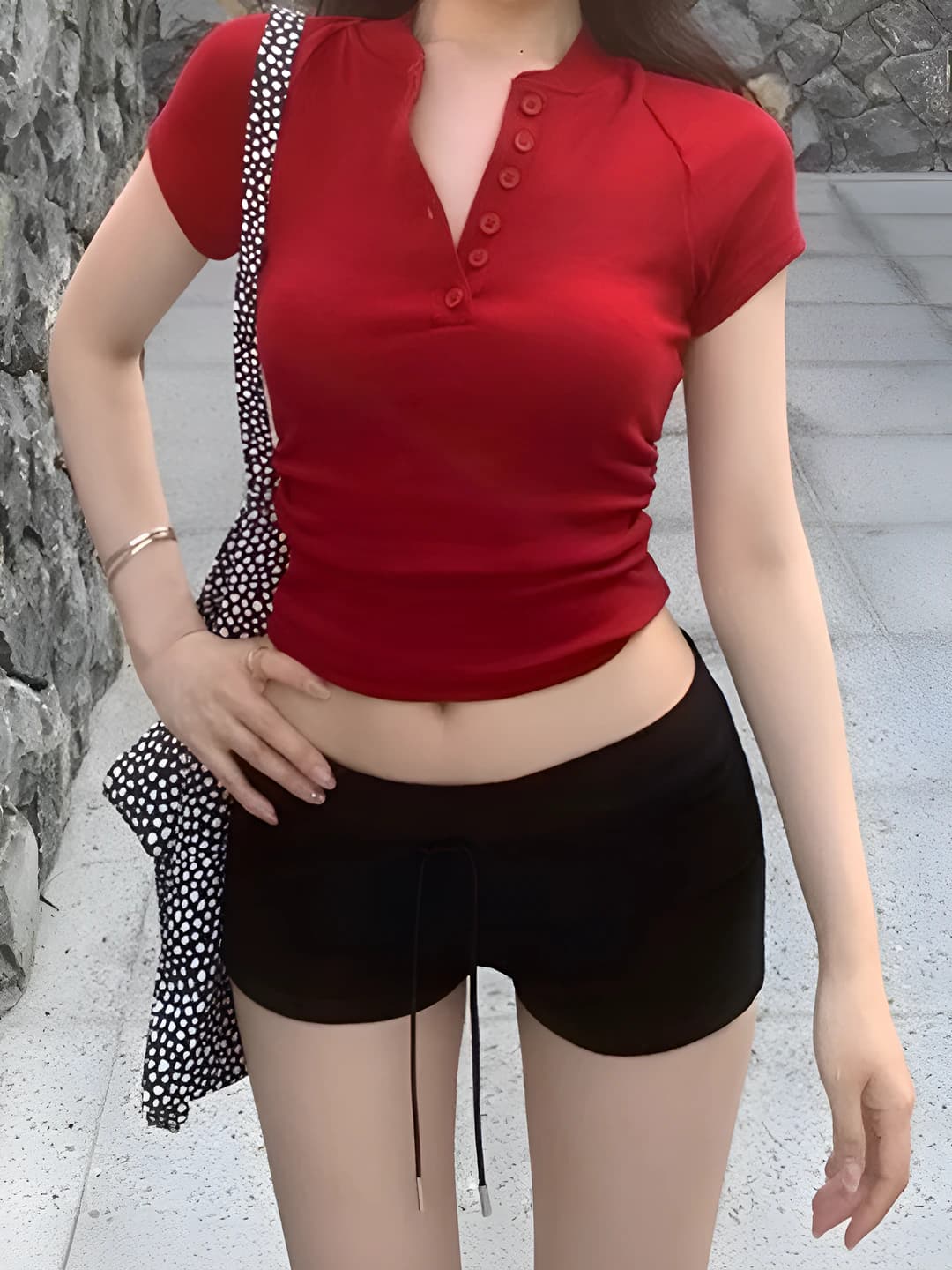 Women's summer slim fit crop top with short sleeves, solid colour, slimming, half-open collar