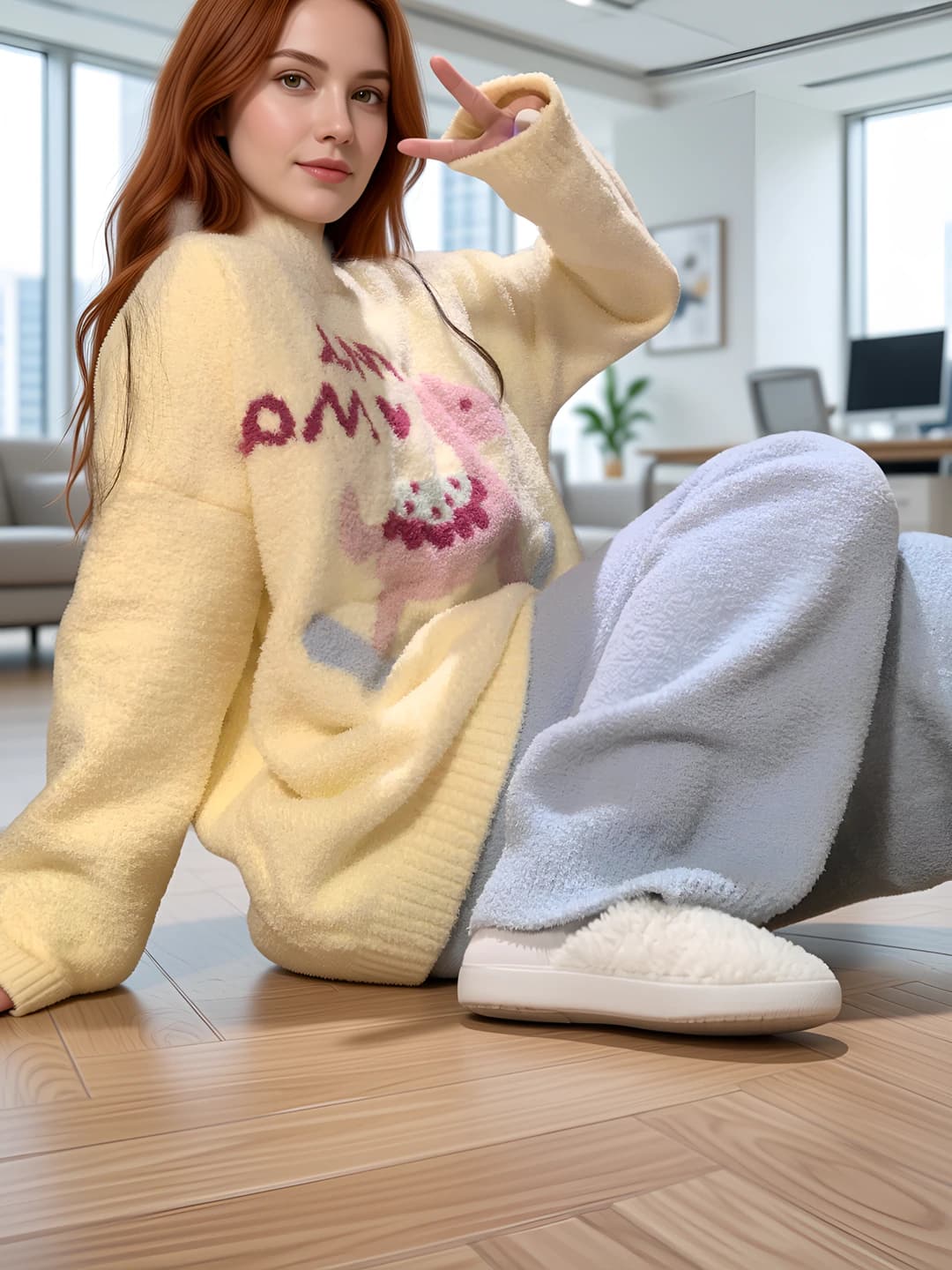 Ayollar uchun qishki issiq saqlaydigan bosma naqshli uzun yengli uzun shimli pijama to'plami