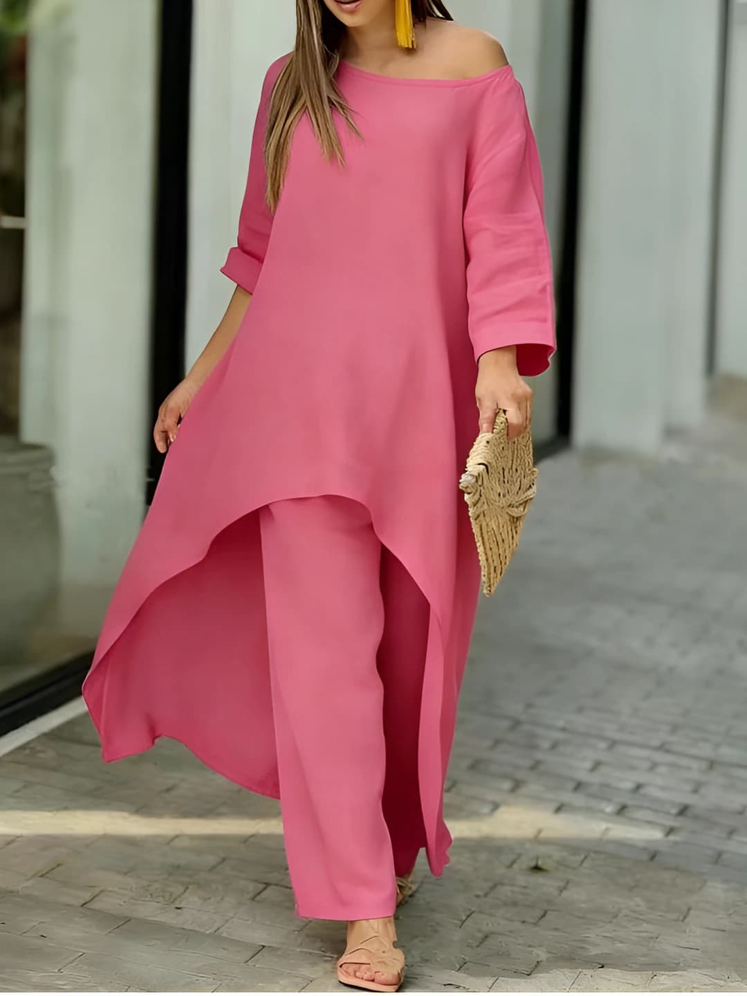 Women's Korean style casual clothing set: short sleeve t-shirt and trousers, crew neck, all-season