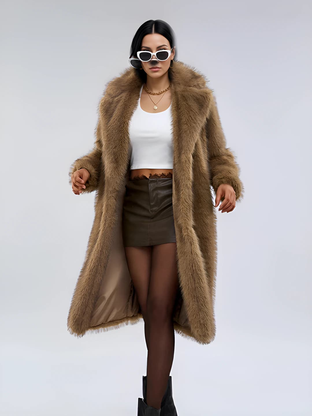 Women's long faux mink coat with lapel collar, long sleeves, pockets, street style, autumn-winter 2026