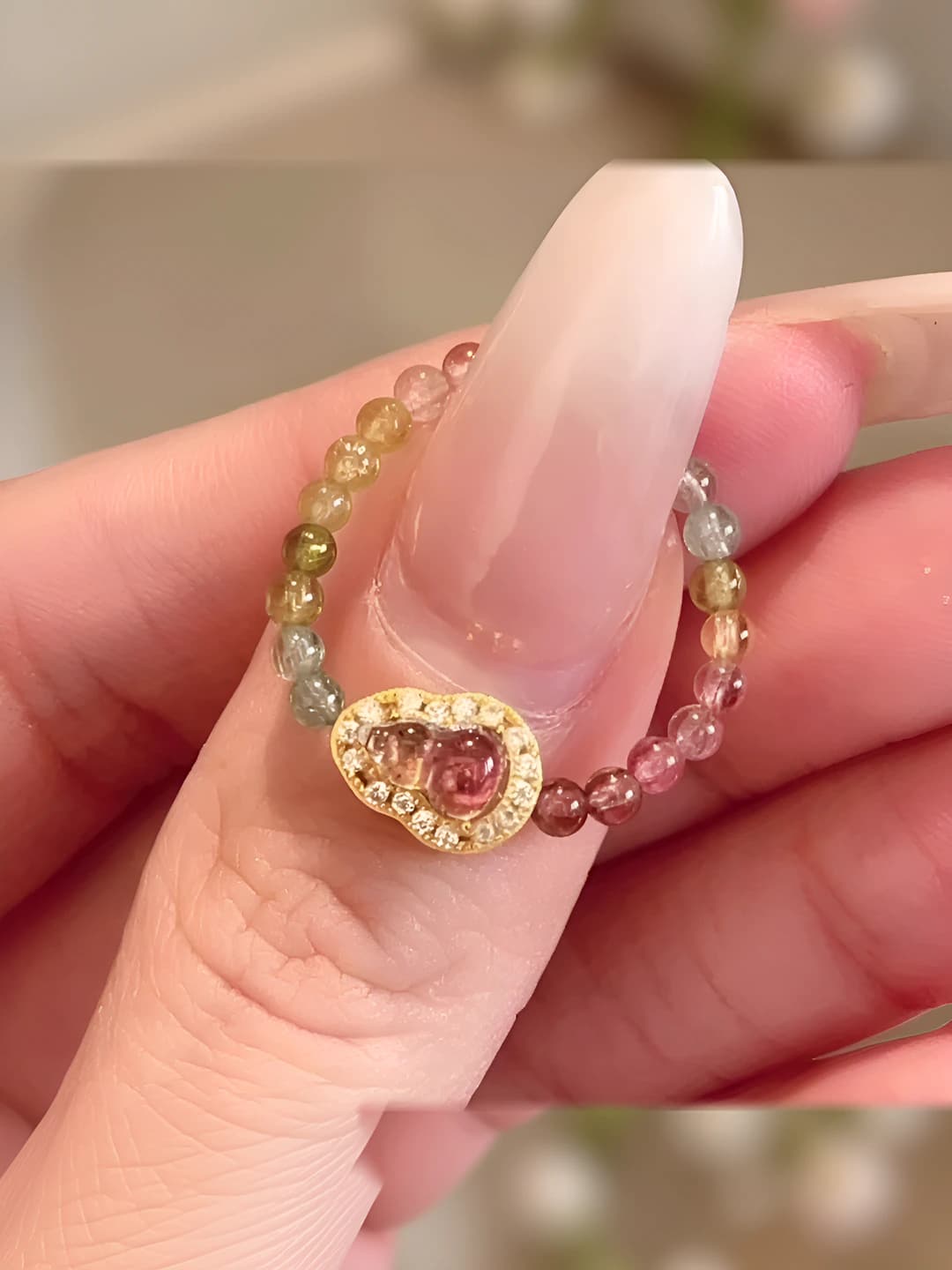 Natural colored tourmalin gourd ring for women, geometric design element, handmade, non-fading crystal finger ring, light luxury, premium feel