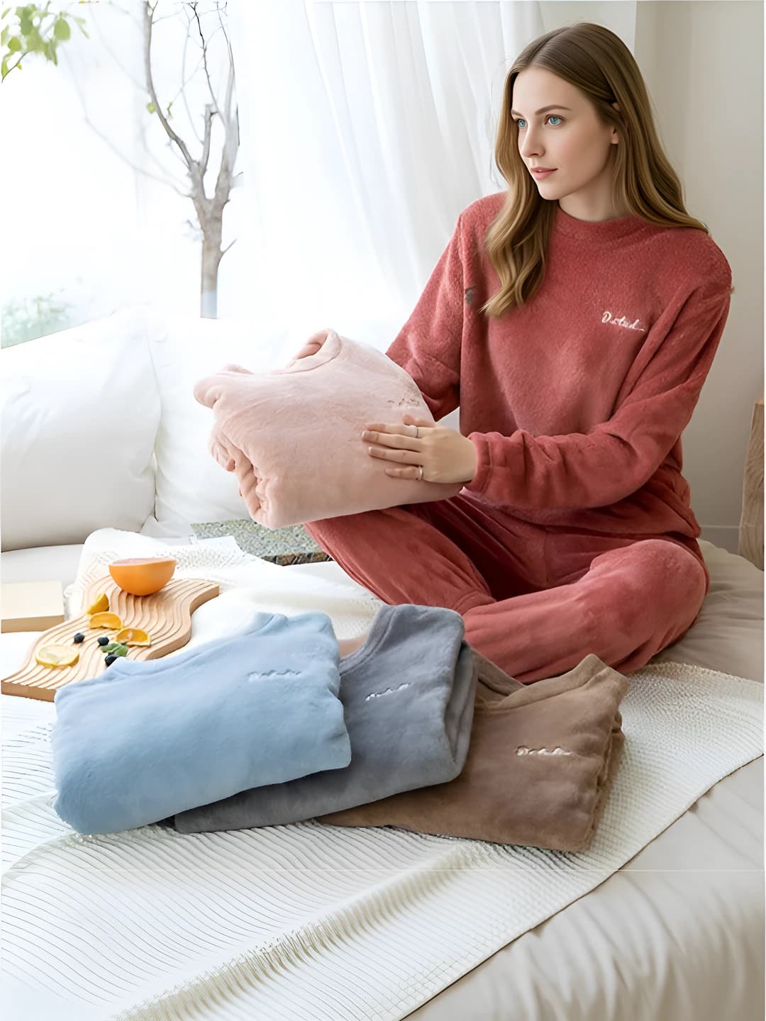 Women's coral fleece pajama set autumn-winter, thickened, long sleeve, trousers, loose fit, loungewear