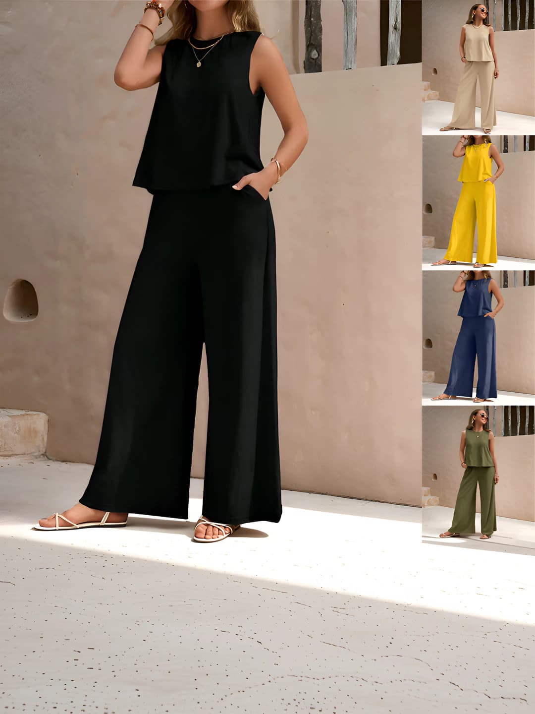 Women's 2026 summer sleeveless crew neck loose fit casual set (top + trousers), yellow, 95% cotton