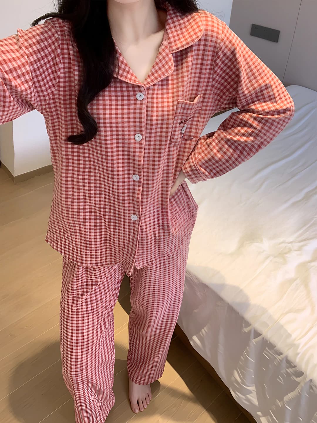 Women's pajama set: checked, long sleeve, trousers, lapel collar, de fabric, thick, spring-autumn-winter