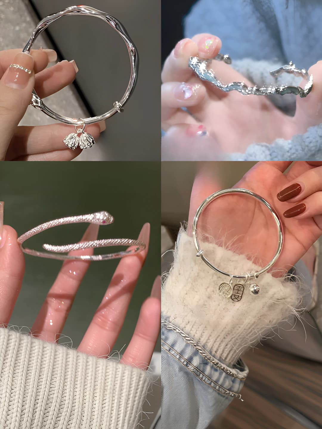Silver snake-shaped bracelet, adjustable, simple design