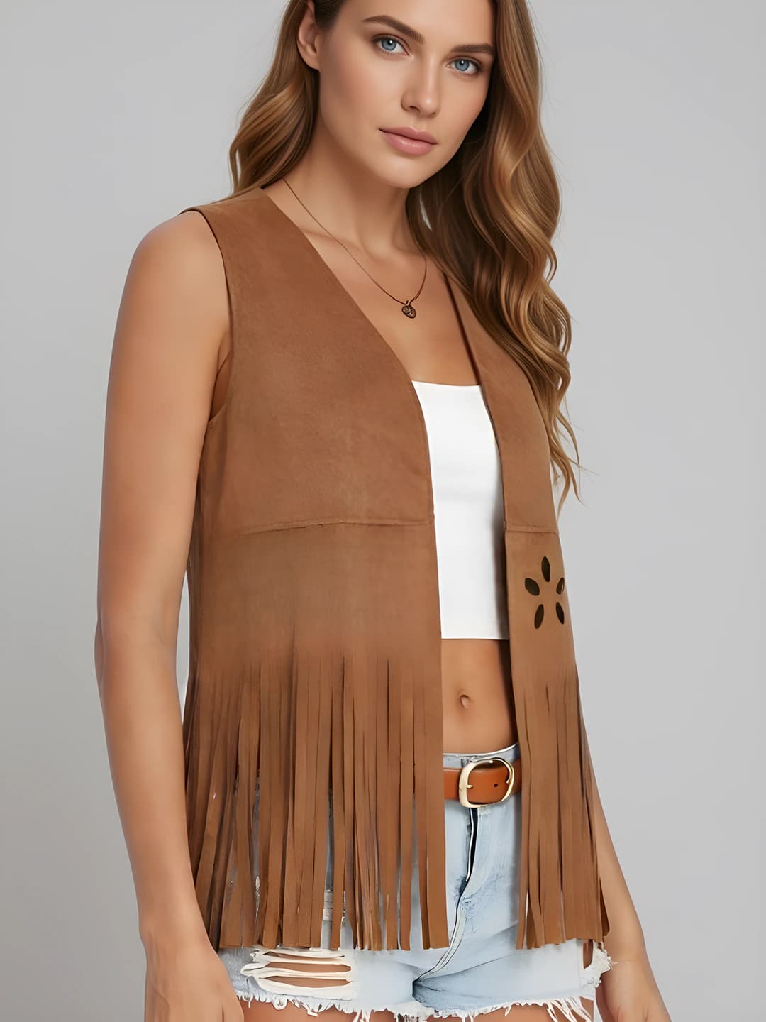 Women's 2026 summer sleeveless fringe vest with floral pattern, ultra-thin, mid-length, casual