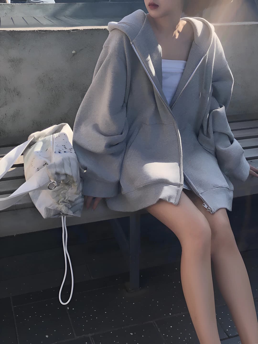 Women's gray fleece-lined zip hoodie, casual sports cardigan with loose fit and long sleeve for spring-autumn