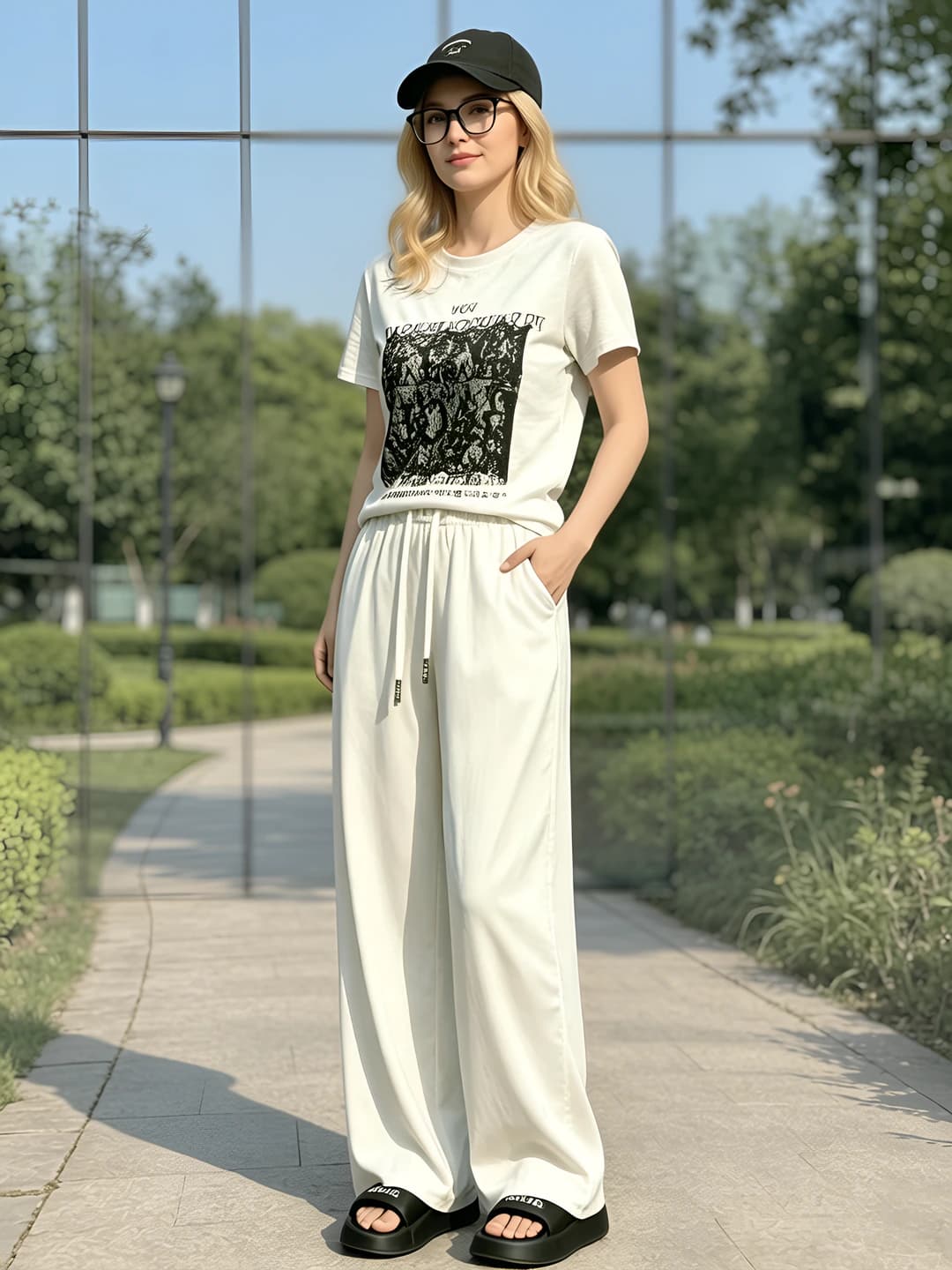 Ayollar uchun yozgi koreys uslubidagi bo'sh (oversize) sport kundalik futbolka va keng shim to'plami