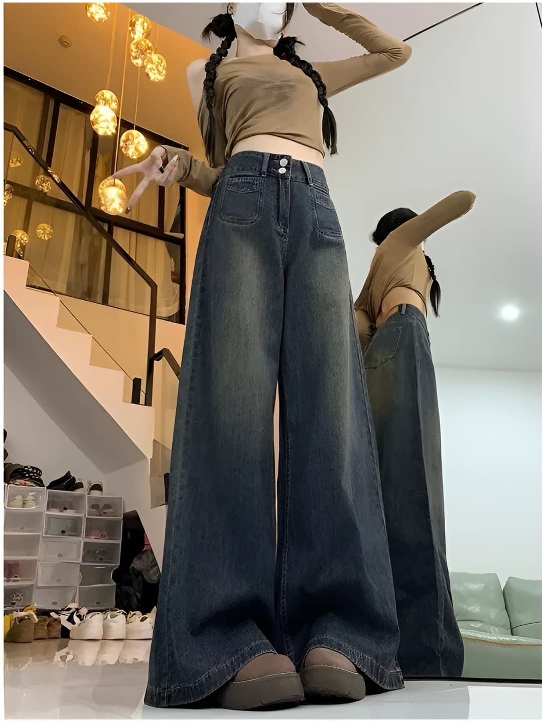 Women's retro blue wide and flared jeans, autumn-winter, fleece-lined, plus size, high waist, slimming, loose fit, straight cut, trousers