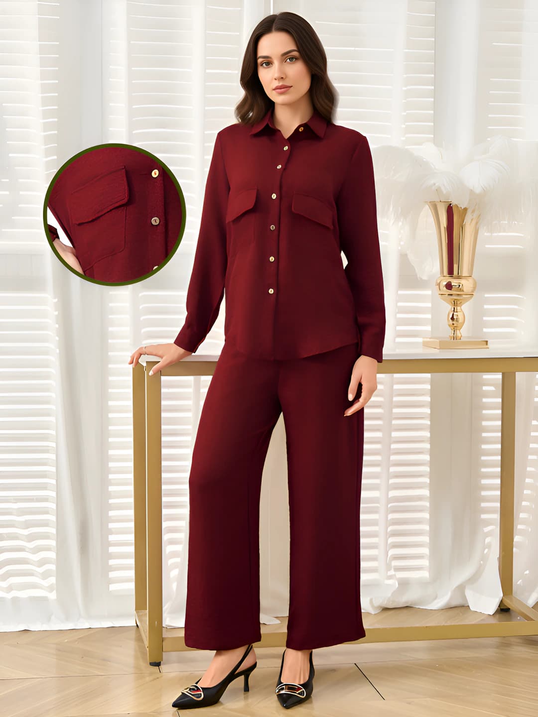 Women's casual blouse and trousers set, polyester fabric, long sleeve, mid-length skirt