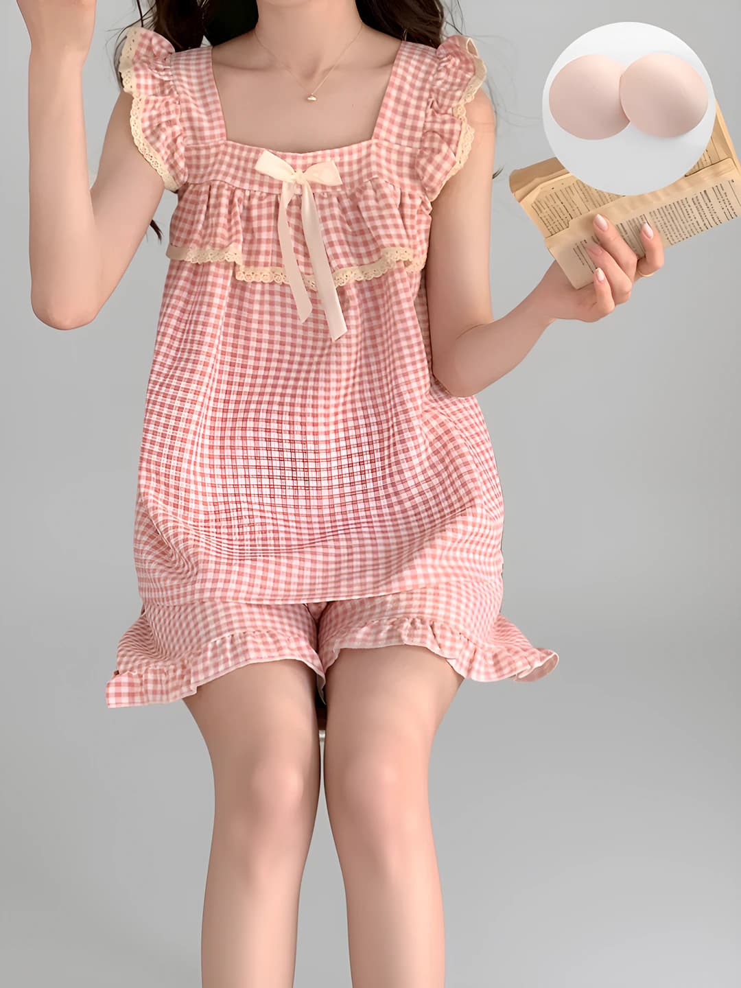 Women's summer pajama set (top and shorts), checked, sleeveless, square collar, bubble cotton, thin, loungewear