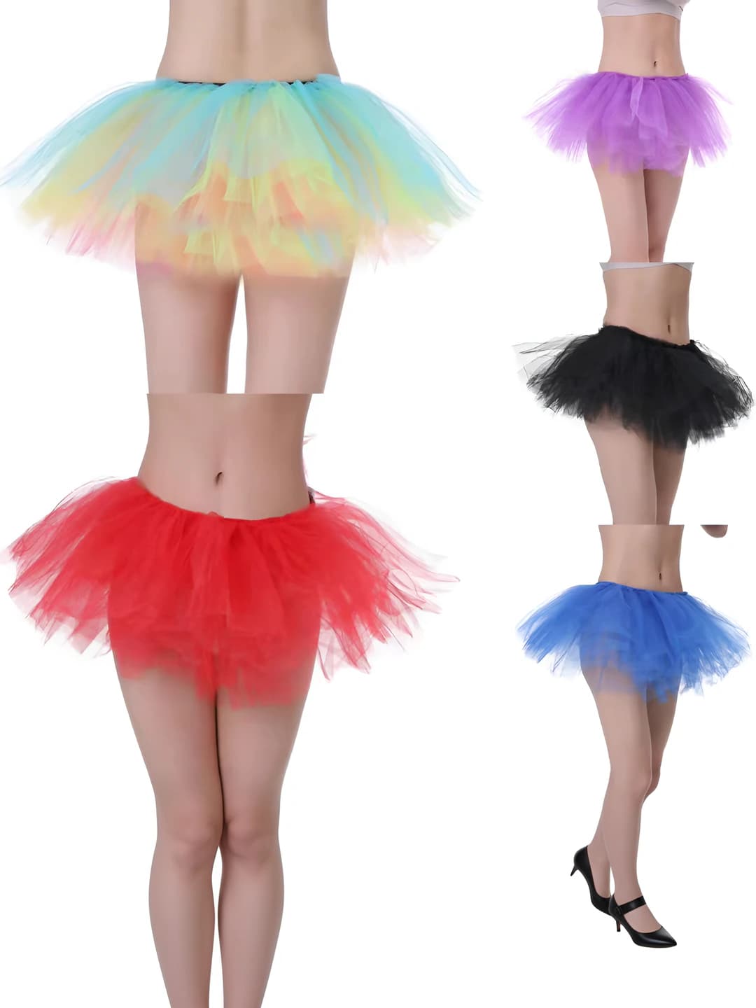 Women's tulle tutu skirt: 5-layer, elastic waist, mini skirt, pattern: color-block, style: sweet