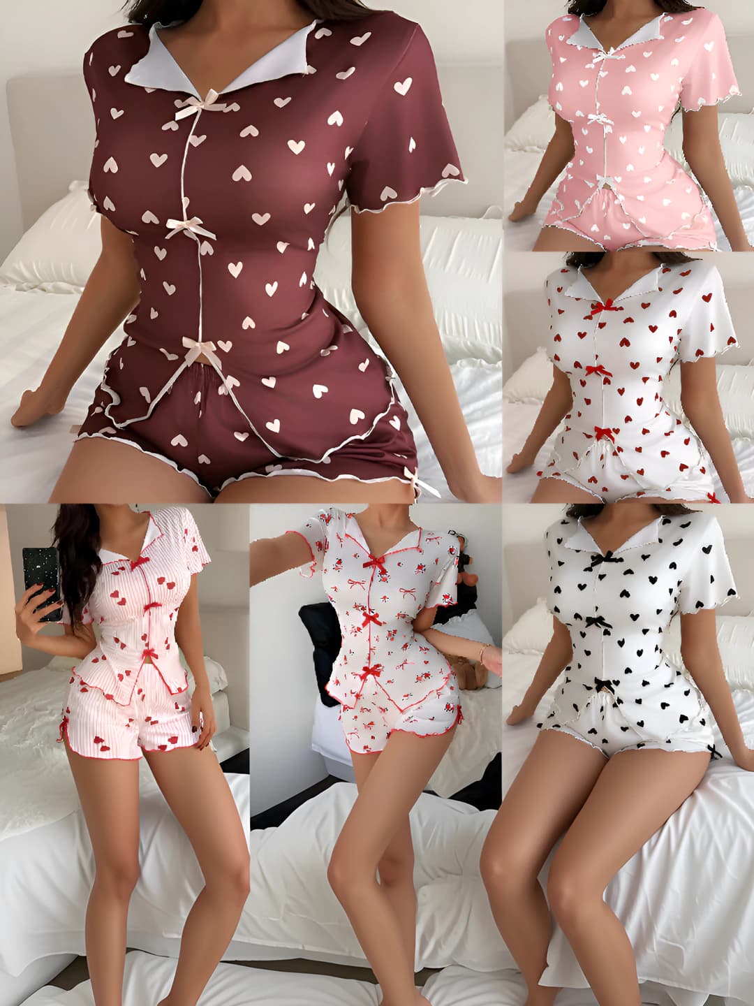 Women's pajama set: lapel collar, short sleeve, shorts, printed, stretch, all-season