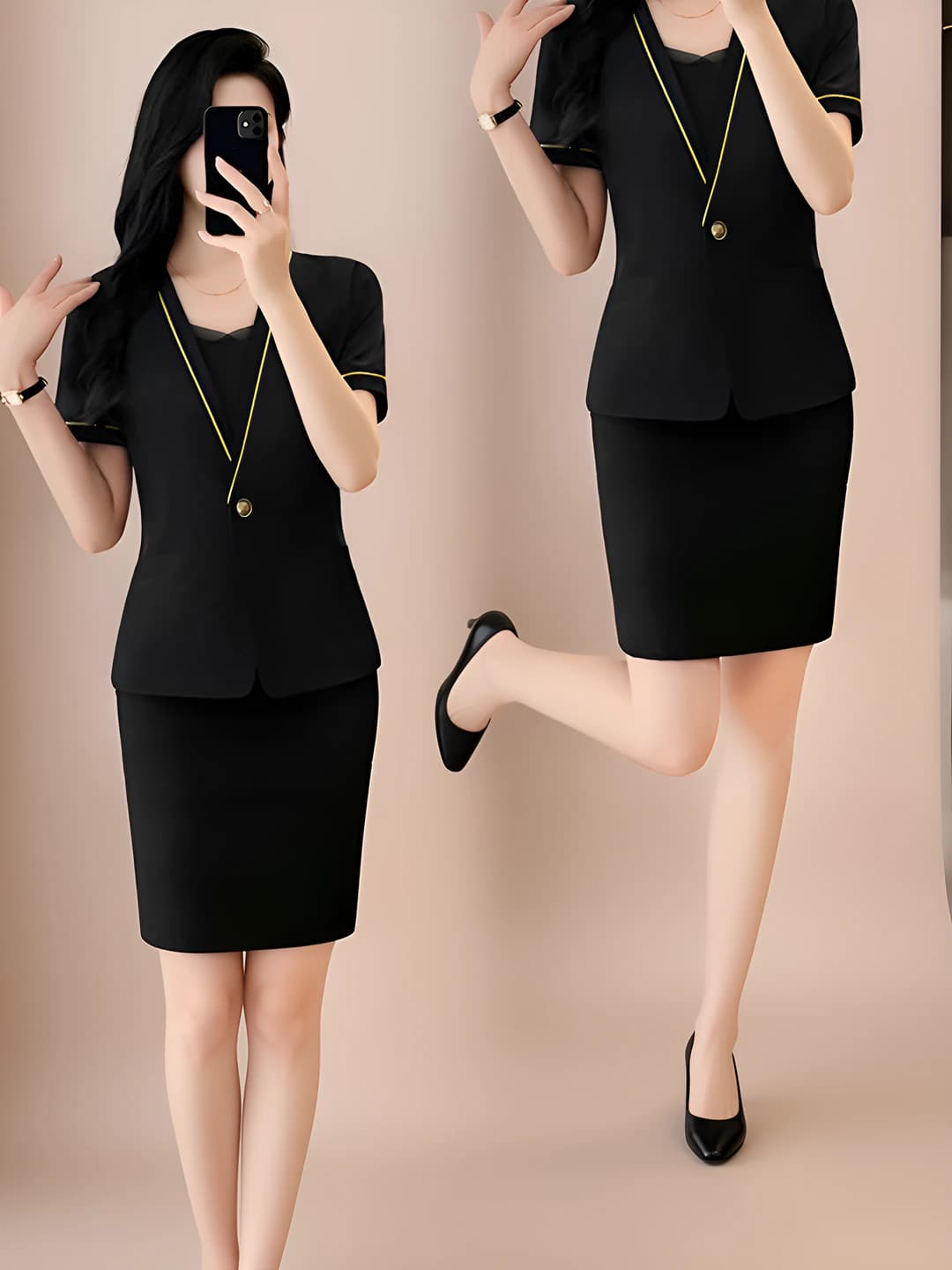 Black suit + black skirt