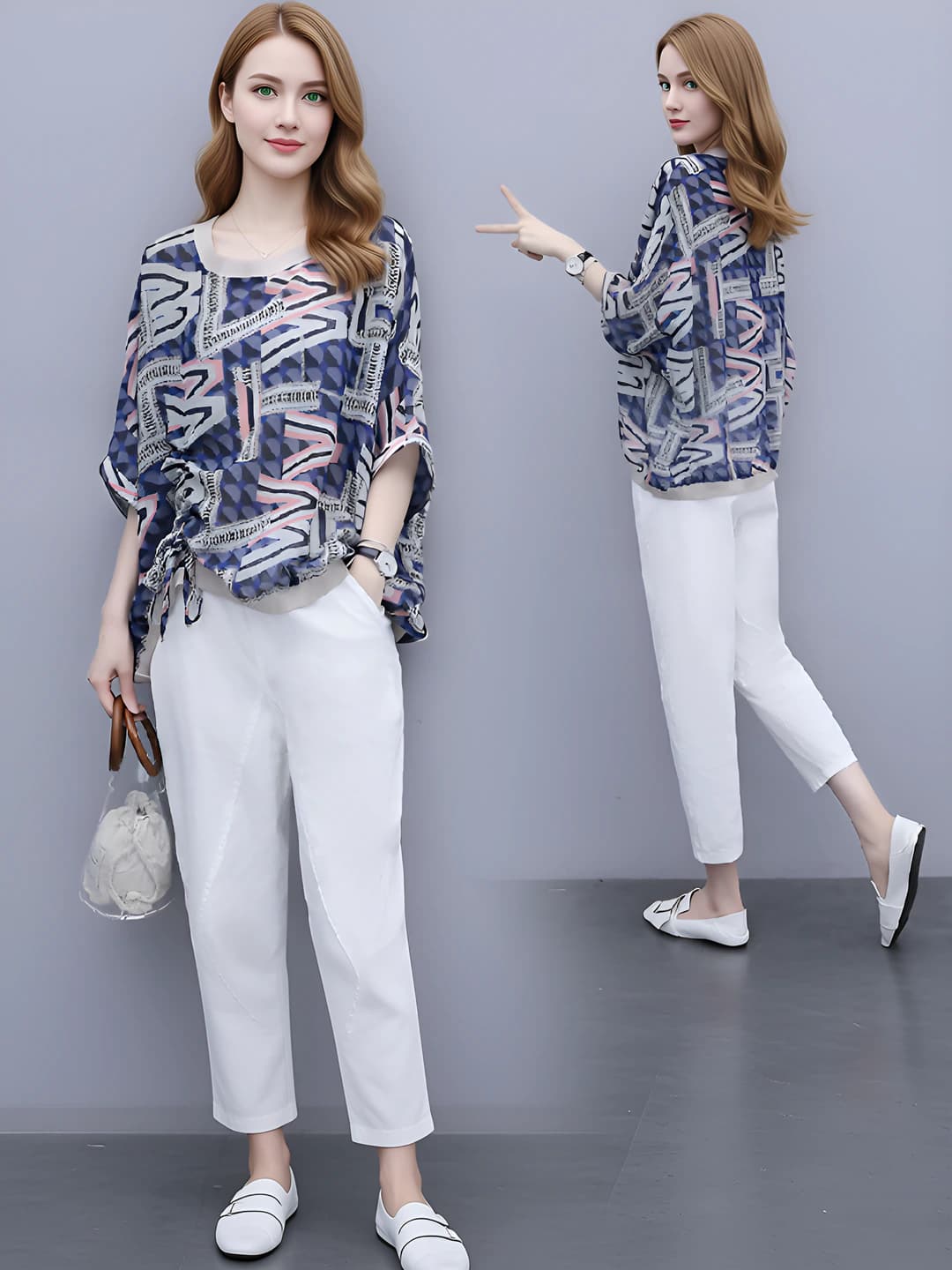 Blue top, white pants