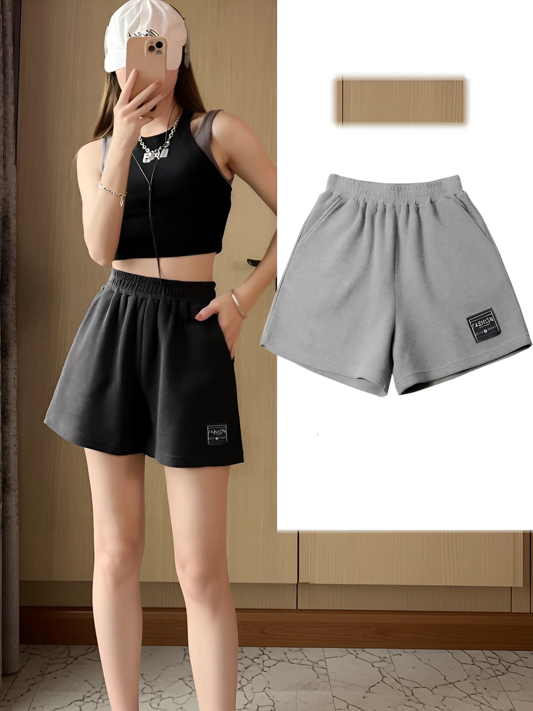 Ayollar uchun yozgi waffle sport shortilari, koreys uslubida, bo'sh (oversize), baland bel, tizzagacha shorti, polyester