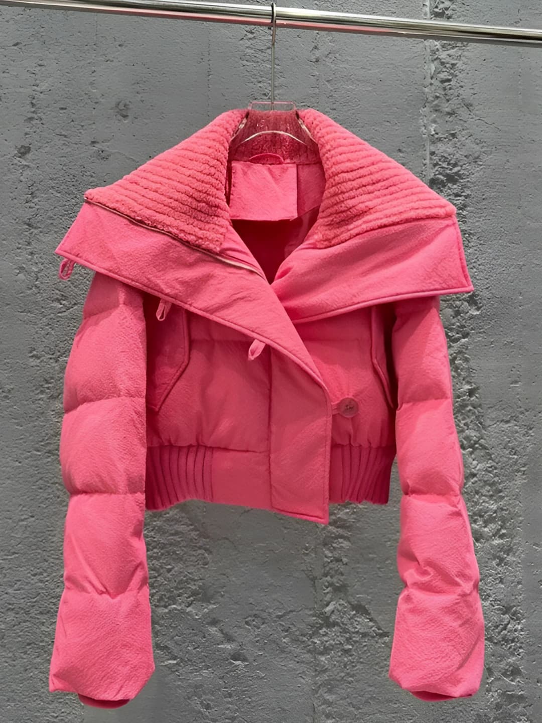 Women's winter padded jacket, Korean style, loose fit, high neck, long sleeve, cropped, petite, solid colour, zip