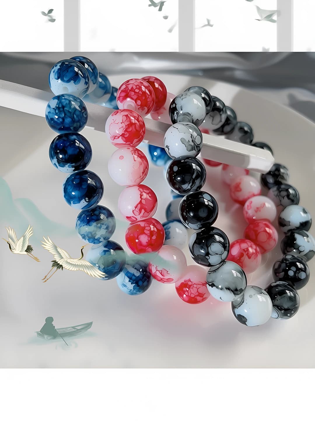 Women's bracelet in blue porcelain ink wash style