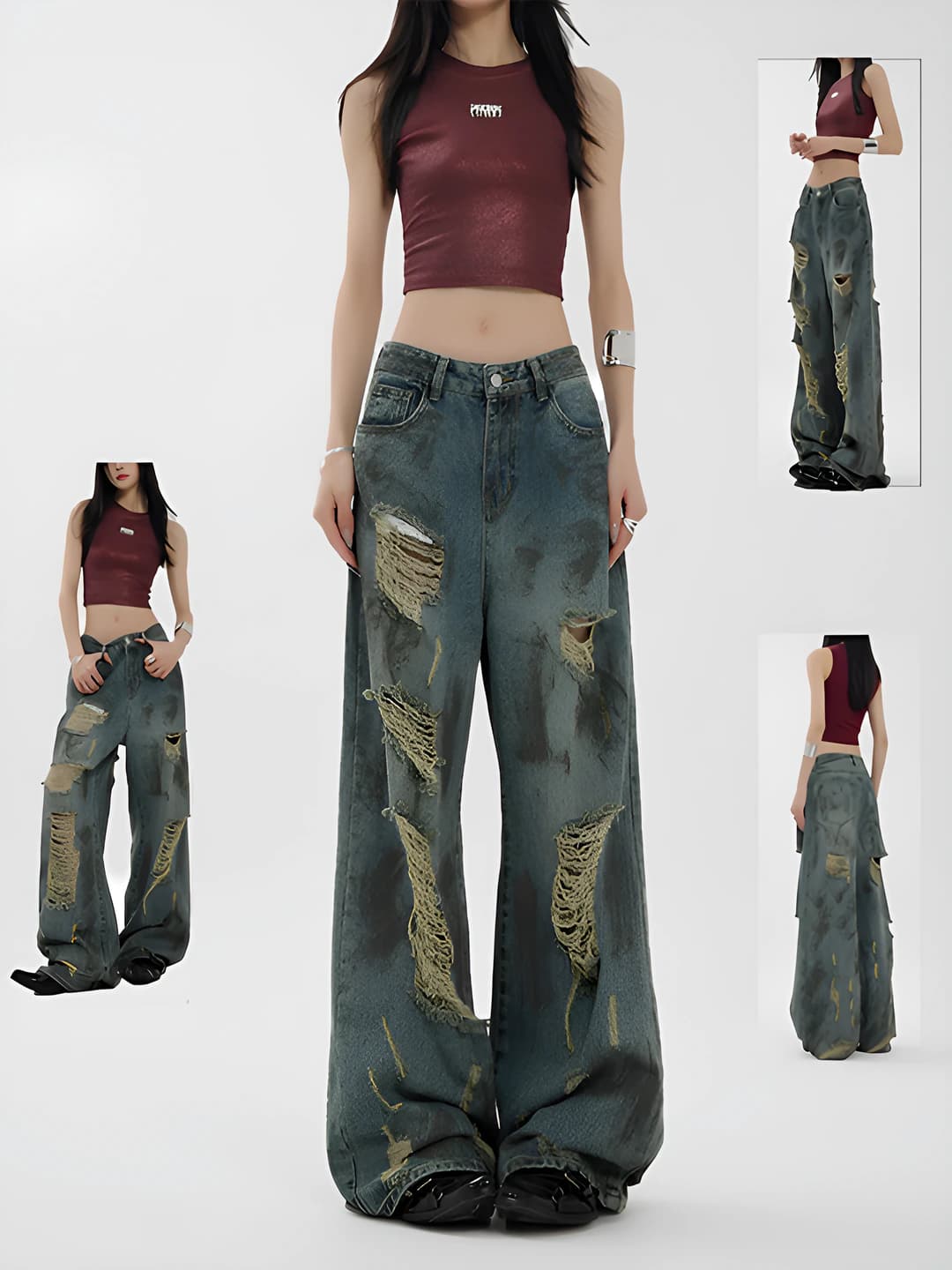 Women's retro distressed low waist slimming wide and flared jeans, spring-summer