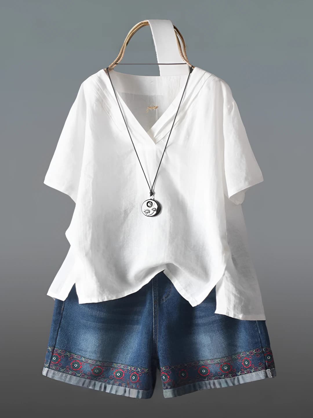 Women's short-sleeve V-neck solid colour cotton-linen t-shirt