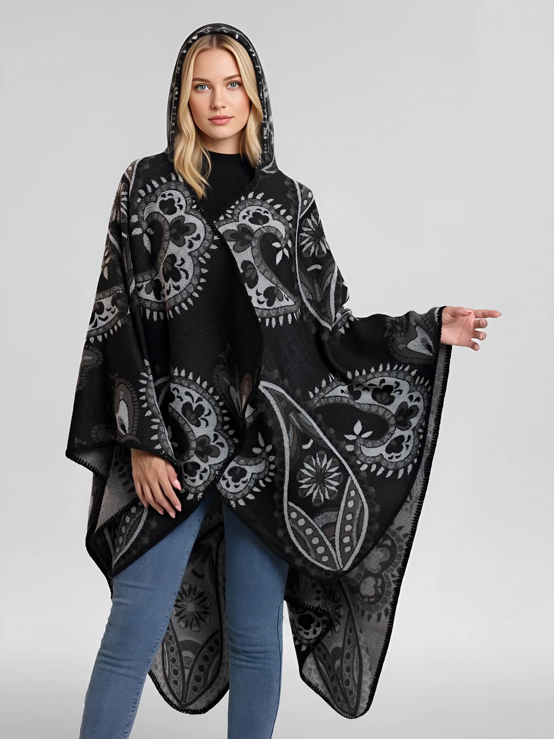 Women's thickened warm patterned poncho for autumn-winter