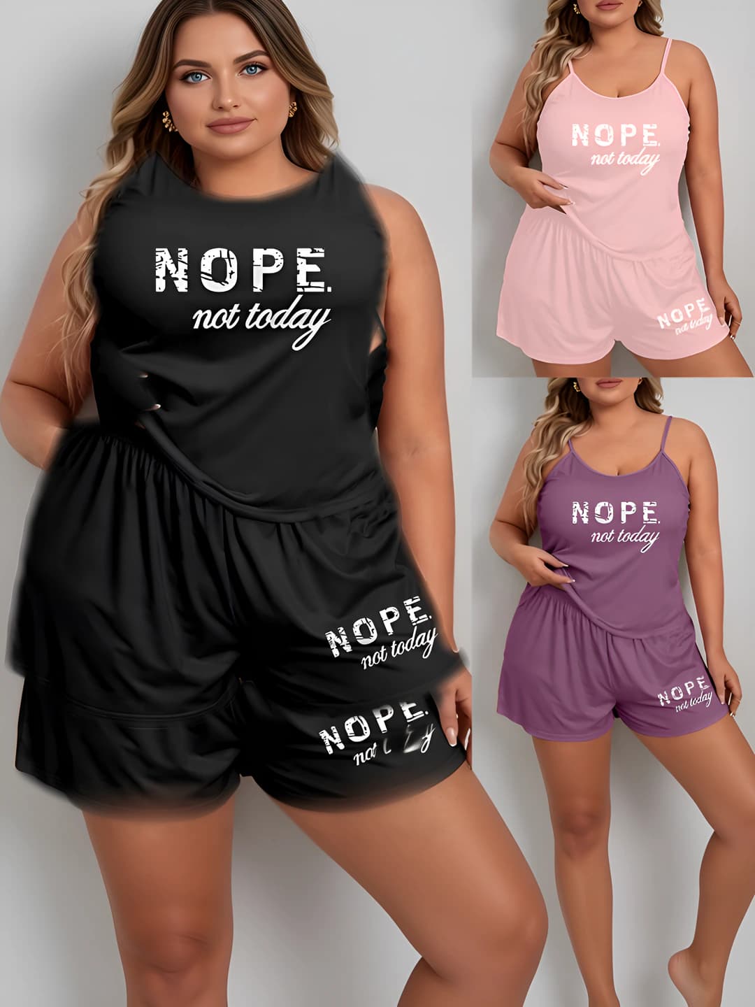 Women's home pajama set: printed, plus size, loose fit camisole top and shorts, sleeveless, breathable, stretch, warm, all-season